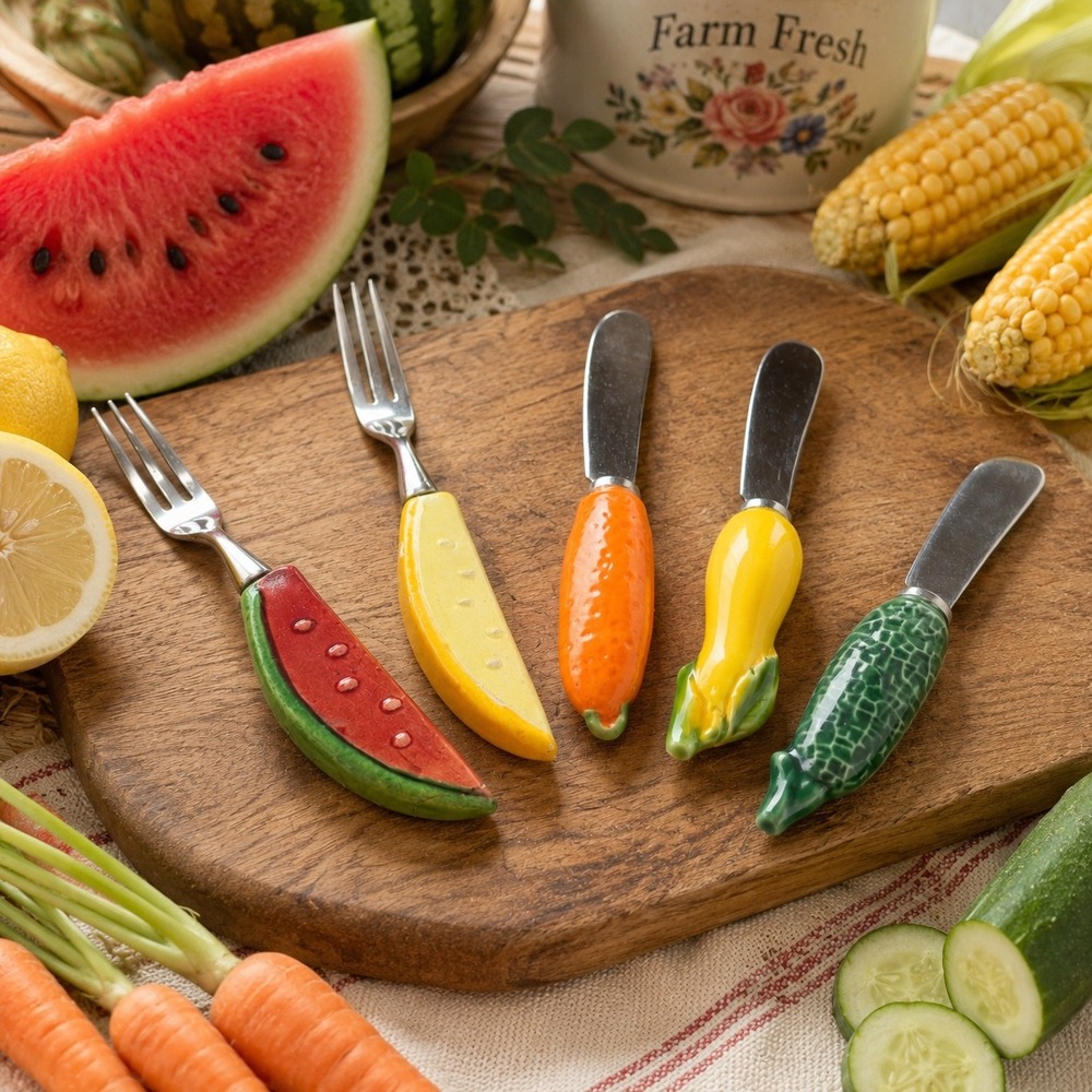 Vintage Japan Stainless Steel Ceramic Fruit & Vegetable Handle Flatware‎ Set 5pc